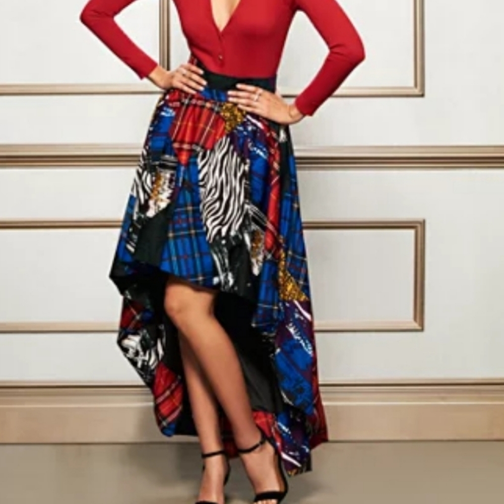 New York & Company Red and Blue High Low Skirt